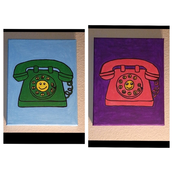 Handpainted Other - Handpainted Lot Of 2 Retro Telephone Canvas Art Set Acrylic Painting Signed 8x10
